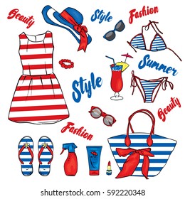 A set of summer clothes and accessories. Beach bag, hat, flip flops, dress, swimsuit, cocktail, glasses and tanning agents. Vacation at sea. Women's things.
