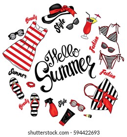 A set of summer clothes and accessories. Beach bag, hat, flip flops, dress, swimsuit, cocktail, glasses and tanning agents. Vacation at sea. Women's things.