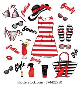 A set of summer clothes and accessories. Beach bag, hat, flip flops, dress, swimsuit, cocktail, glasses and tanning agents. Vacation at sea. Women's things.