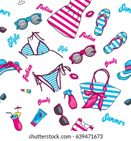 A set of summer clothes and accessories. Beach bag, hat, flip flops, dress, swimsuit, cocktail, glasses and tanning agents. Vacation. Women's things. Background of summer clothes and accessories.