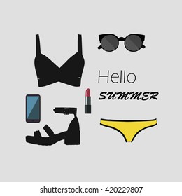 Set of summer clothes and accessories with Hello Summer text. Vector, eps10.