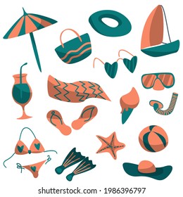 Un conjunto de ropa y accesorios de verano. Las cosas para la playa. bolsa, sombrero, chancletas, traje de baño, cóctel. Vacaciones en el mar. ilustración vectorial