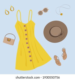 a set of summer clothes made from a yellow button-down sundress, a dark woven sun hat, sunglasses, brown sandals, a pair of gold earrings and a heart-shaped pendant. top view, flat lay