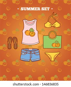 set of summer clothes on an orange background