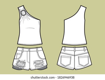 Set of summer clothes for women. Asymmetric top and jeans shorts.