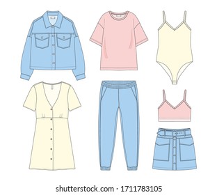 Set of summer clothes for women.  Basic summer things - jeans, jacket, t-shirts, top, jeans skirt, dress. Sketch fashion collection. Vector illustration.