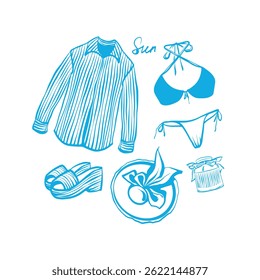 Set of summer clothing in blue color and minimalist flat style. Includes shirt, hat, swimsuit, perfume and sandals. Perfect for fashion, summer and vacation. Vector illustration