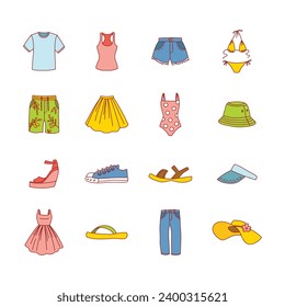 Set of summer clothing icons. Doodle illustrations of sea resort vacation clothes isolated on a white background. Skirt, shirt, short, swimsuit, slippers etc. Vector 10 EPS.