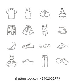 Set of summer clothing icons. Doodle illustrations of sea resort vacation clothes isolated on a white background. Skirt, shirt, short, swimsuit, slippers etc. Vector 10 EPS.