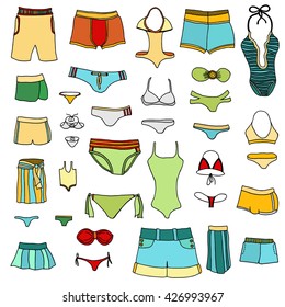 Set of summer clothing icons. Vector doodle illustration.
