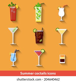 Set with summer cocktail icons in flat geometrical style with long shadow