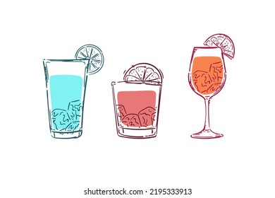 Set of Summer Cocktails Aperol Spritz, Negroni And Gin Tonic Isolated on White Background. Alcohol Drinks Drawing. Speakeasy Classic Bar Cocktails.