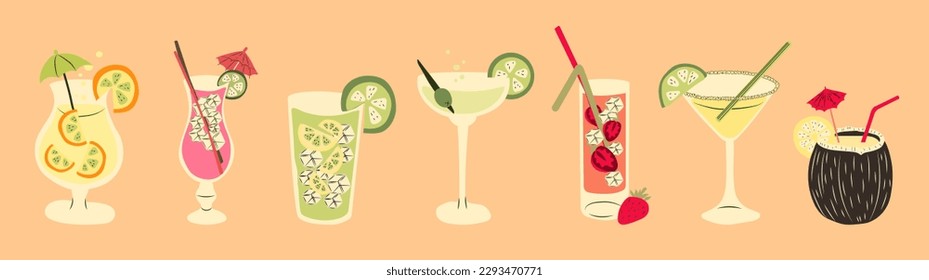 Set of Summer cocktails . Colorful soft drink with fruits and ice cubes. Banner for bar or restaurant. Vector illustration