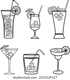Set of Summer Cocktails for Coloring. Vector Illustration of Refreshing Drinks. Mint Cocktail, Tomato Juice, Orange Cocktail, Olive Cocktail, Lemon Cocktail