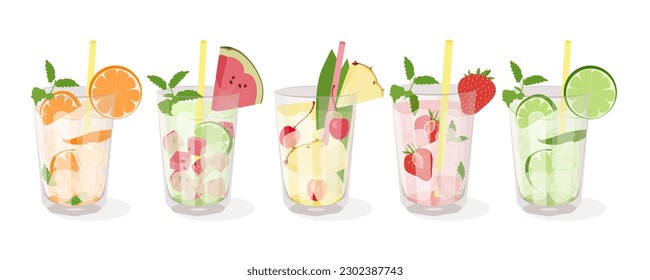  Set of summer cocktails. Cooling, non-alcoholic drinks with fruits and berries. Vector illustration isolated on white background.