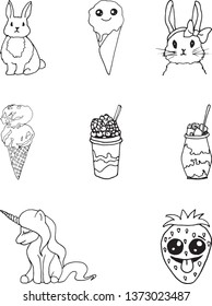 set of summer cocktails, desserts fruit, strawberries, ice cream kawaii, Bunny with a bow and face of a Bunny, unicorn.
Doodle illustration of a liner. Vector icons