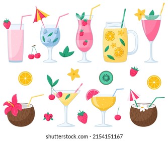 A set of summer cocktails with fruits and berries. Cold refreshing drinks. Bright summer vector illustrations in a flat cartoon style. isolated on a white background.