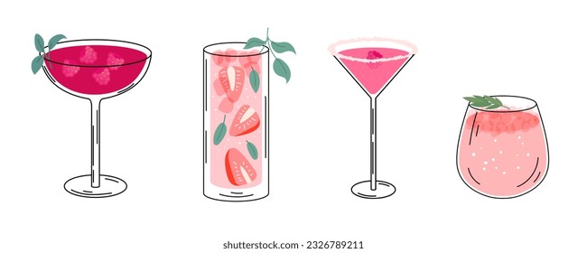 Set of summer cocktails. Glass of cocktail with raspberry and strawberries. Pink alcoholic and nonalcoholic drinks with berries and mint. Cocktail for menu, bar. Vector illustration