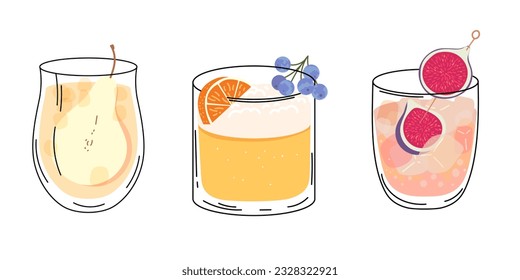 Set of summer cocktails. Glass of fizzy cocktail with fig, orange, pear, berries. Alcoholic and nonalcoholic drinks with fruits. Cocktail for menu, bar. Vector illustration