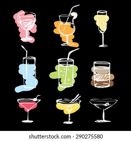 set of summer Cocktails  hand drawn.vector background black 