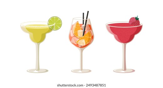 Set of summer cocktails isolated on white background. Illustration of three cocktails in tall glasses. Vector illustration of margarita, spritz and strawberry daiquiri