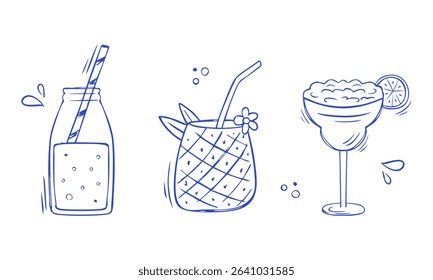 Set of summer cocktails isolated on white background. Illustration of three cocktails in doodle style. Hand drawn collection of drinks and cocktails. Vector illustration 