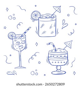 Set of summer cocktails isolated on white background in doodle style. Hand drawn collection of drinks and cocktails. Vector illustration	