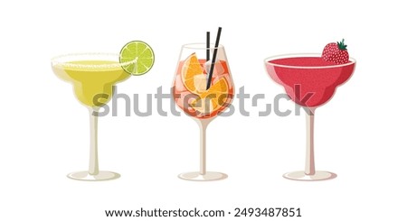 Set of summer cocktails isolated on white background. Illustration of three cocktails in tall glasses. Vector illustration of margarita, spritz and strawberry daiquiri