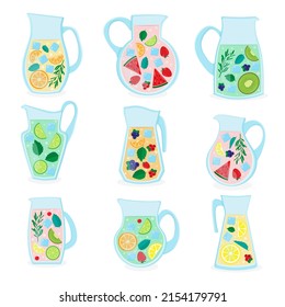 A set of summer cocktails in jugs. Drink with berries, fruits and mint leaves