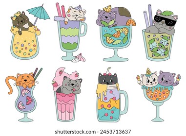 Set of summer cocktails with kitten. Refreshing drinks, smoothies and shakes with adorable little cats. Kawaii drawings with pet in glass. Cartoon flat vector illustration isolated on white background