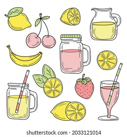 Set of summer cocktails line drawn on a white background. Vector sketch food. Hand-drawn set - lemonade and fruits