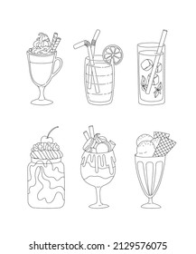 Set of summer cocktails and milkshakes. Contour drawing of drinks on a white background. Illustrations for menus, coloring books and postcards. Vector, eps 10
