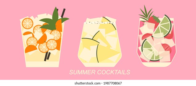 Set von Sommercocktails auf rosafarbenem Hintergrund. Farbige Erfrischungsgetränke mit Früchten und Eiswürfeln. Banner für Bar oder Restaurant. Vektorgrafik