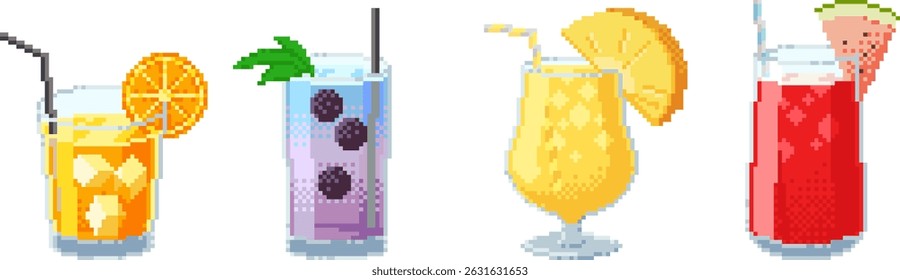 Conjunto de coquetéis de verão em estilo pixel art 8-bit com frutas e palhas, incluindo laranja, amora, abacaxi e melancia. Bebidas tropicais retrô isoladas no branco. Ilustração vetorial.