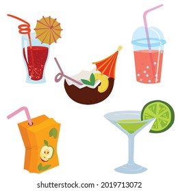 Set of summer cold drinks. Vector stock illustration isolated on white background.