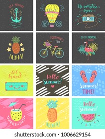 Set of Summer color hand-lettering labels and stickers. Tropical emblems with fruits. Travel postcards with quotes. Designs for t-shirt and poster.