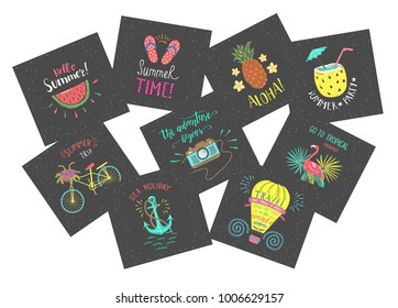 Set of Summer color hand-lettering labels and stickers. Tropical emblems with fruits. Travel postcards with quotes. Designs for t-shirt and poster.