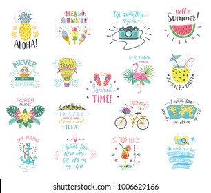 Set of Summer color hand-lettering labels and stickers. Tropical emblems with fruits. Travel postcards with quotes. Designs for t-shirt and poster.