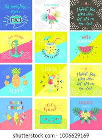 Set of Summer color hand-lettering labels and stickers. Tropical emblems with fruits. Travel postcards with quotes. Designs for t-shirt and poster.