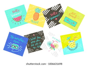 Set of Summer color hand-lettering labels and stickers. Tropical emblems with fruits. Travel postcards with quotes. Designs for t-shirt and poster.