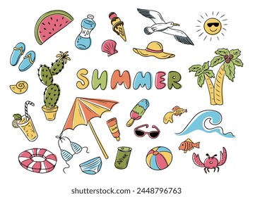 Set of summer colored hand drawn doodles. Vacation summer concept. Sea beach related items isolated on white background