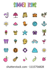 Set of summer colored icons, in a cartoon style doodle, completely handmade.