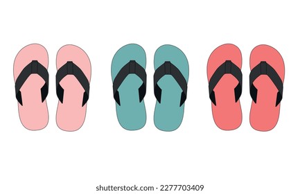 Set of summer colored slippers with rubber soles, vector drawing. Sketch of beach flip-flops in bright colors. Flat sandals in pink, turquoise, coral colors, vector.