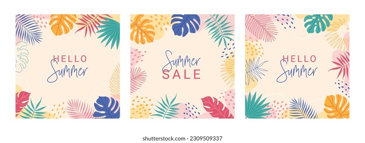 Set of Summer colorful abstract backgrounds, banners, posters with tropical leaves. Jungle exotic leaves. Modern trendy design. Vector templates for social media posts.