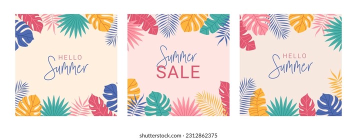 Set of Summer colorful abstract backgrounds, banners, posters with tropical leaves. Jungle exotic leaves. Modern trendy design. Vector templates for social media posts.