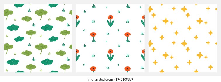 A set of summer colorful seamless patterns. Green cartoon water lilies red flowers, yellow stars. Vector illustrations. Design for fabric, textile, wrapping paper. Desktop Wallpapers, Backgrounds