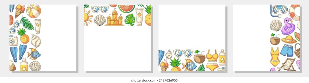 Set of summer colorful square card, painted beach elements, accessories icons. Left, right side, upper, bottom border frame, copy space, isolated on white. For banner, invitation, poster, social media