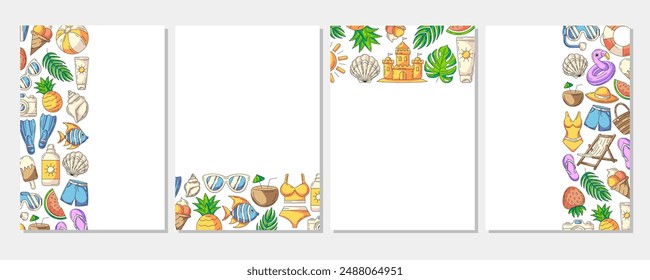 Set of summer colorful vertical a4 poster, painted beach elements, accessories icons. Left, right side, upper, bottom border frame, space for text, isolated on white. For banner, invitation, sale