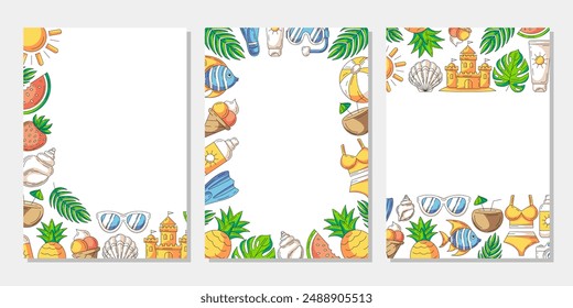 Set of summer colorful vertical a4 poster, painted beach elements, accessories icons. Corner, upper, bottom border frame, copy space, isolated on white. For banner, invitation, sale, event or party