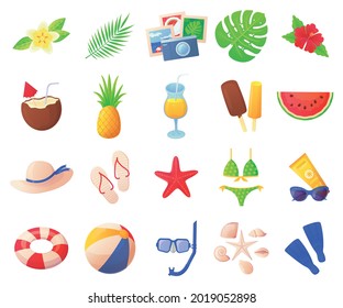 Set of summer colourful elements. Beach vacations, sea travel paradise concept. Stock vector illustration isolated on white background in cartoon realistic style